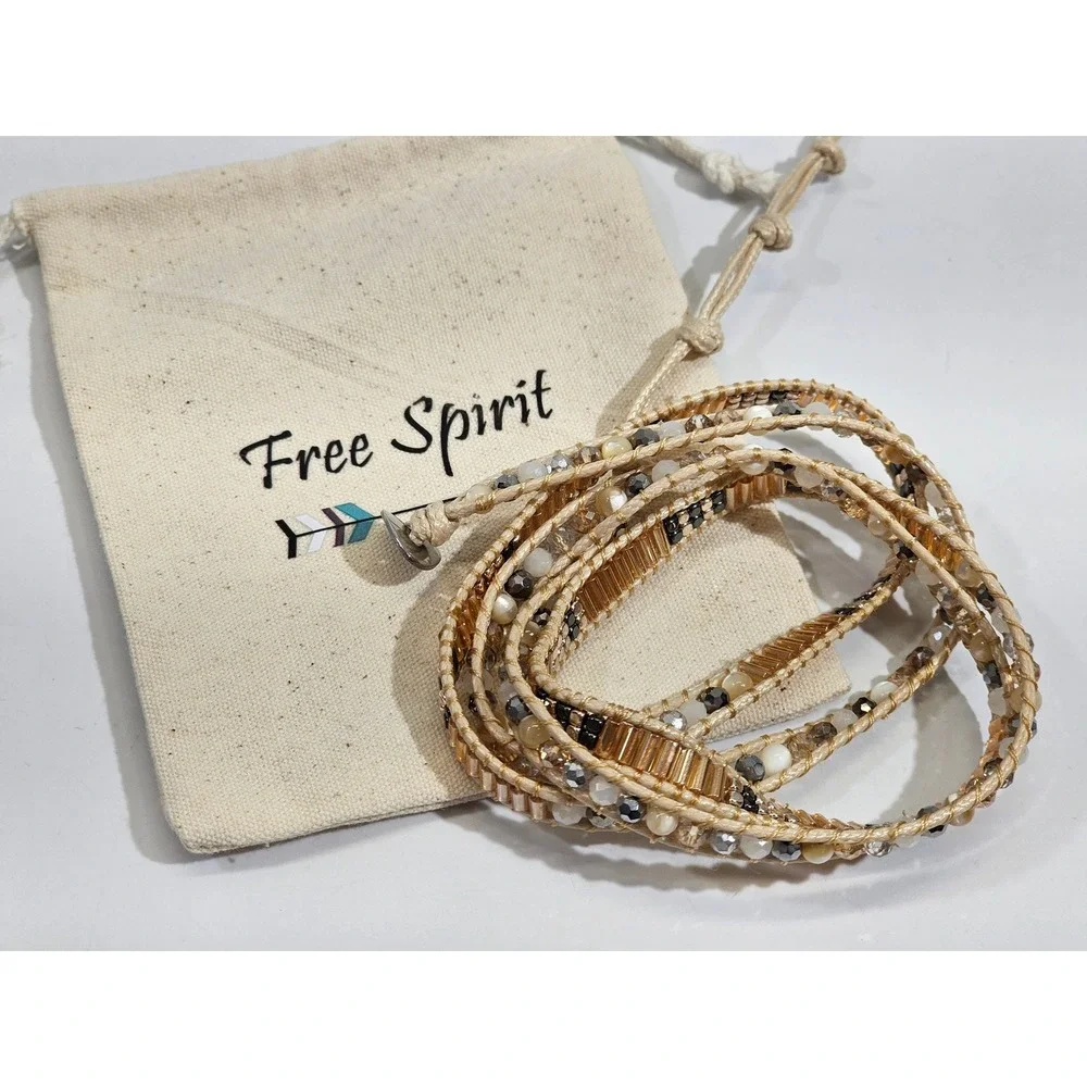 Free‎ Spirit Wrap Bracelet Womens Gold Tan Beaded Boho Multi Strand Layered NEW